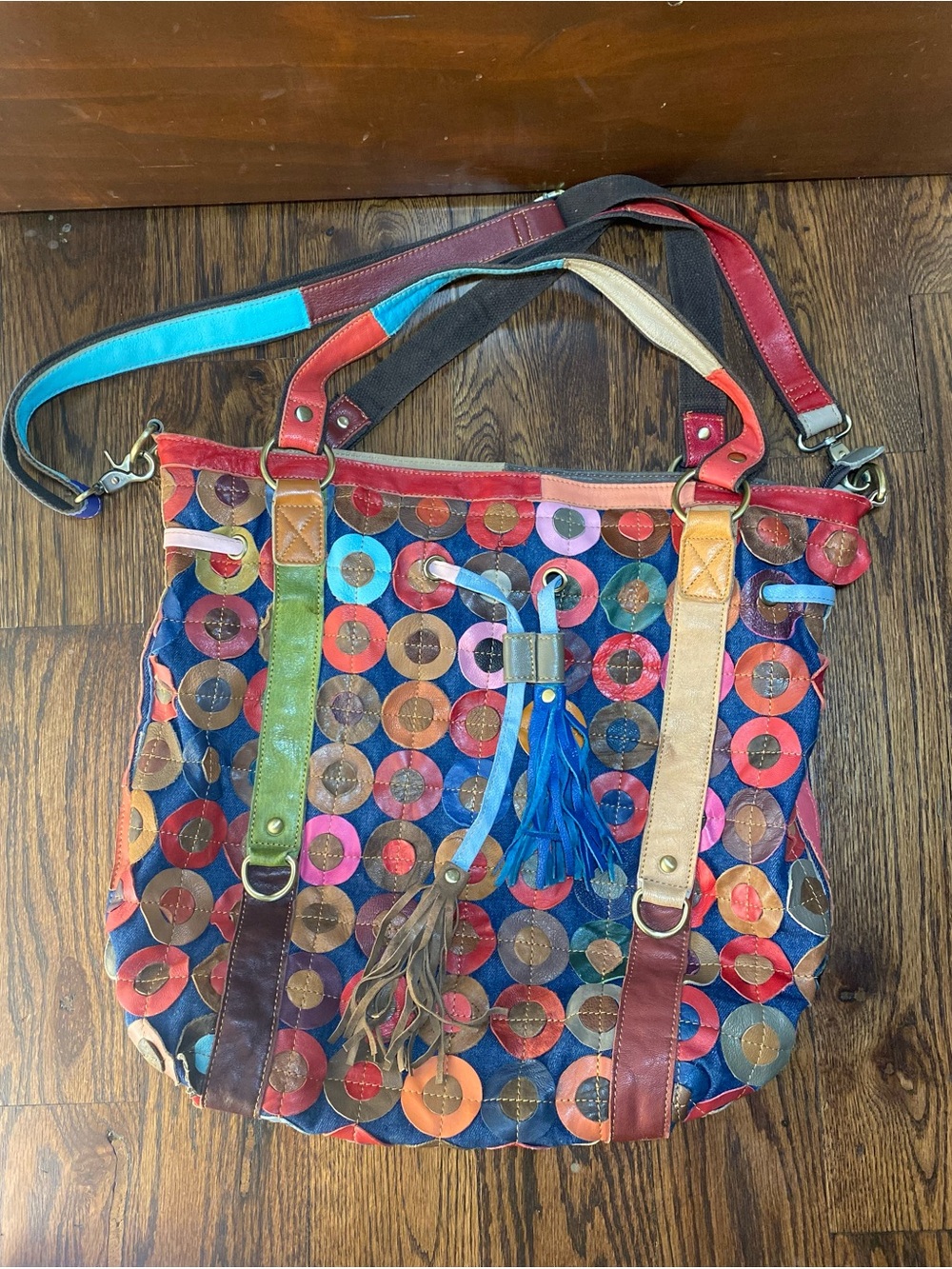 Ameri Leather Large Multicolor Patchwork Vibrant Shoulder Convertible Tote Bag